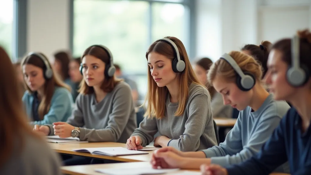Vietējā klātienes valodas klase ar skolēniem, kuriem ir austiņas