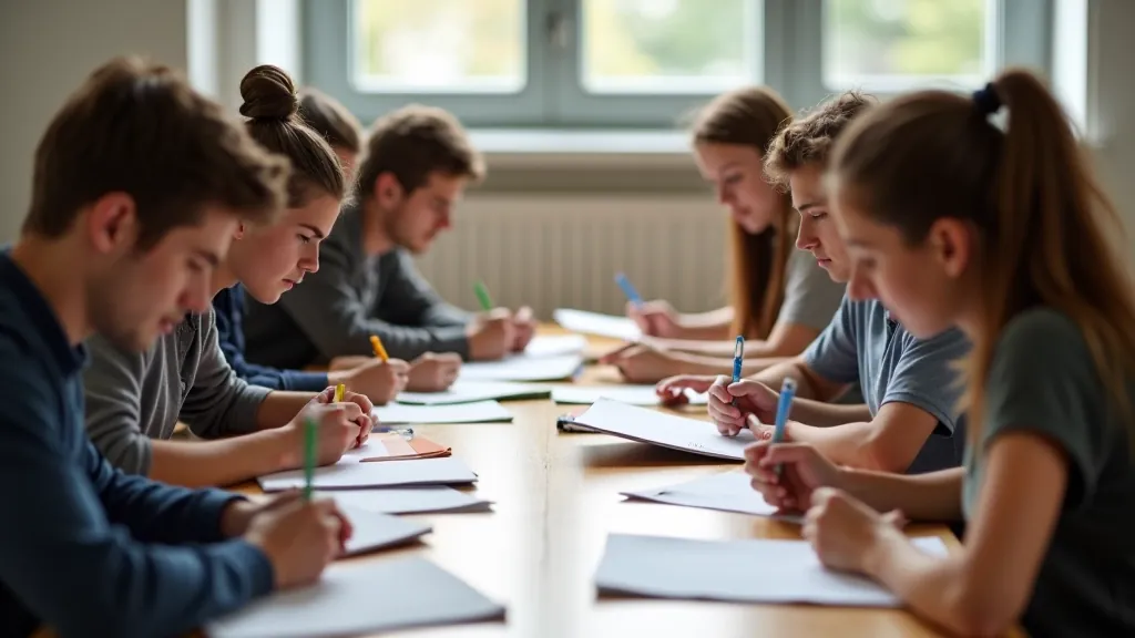 Daudzveidīgi studenti mācību klasē ar piezīmjoslām un grāmatām