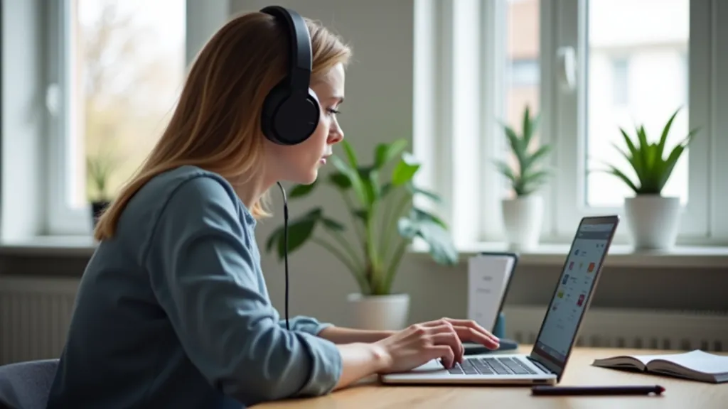 Cilvēks ar austiņām klausoties audio mājā pie galda